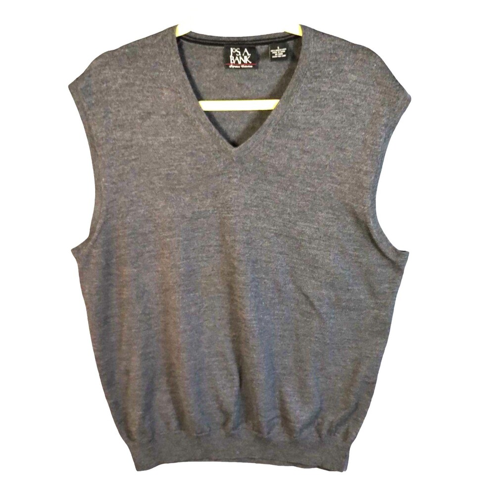 Jos A Bank Vest Mens L Merino Wool Grey V Neck Pullover Preppy Grandpa Old Money
